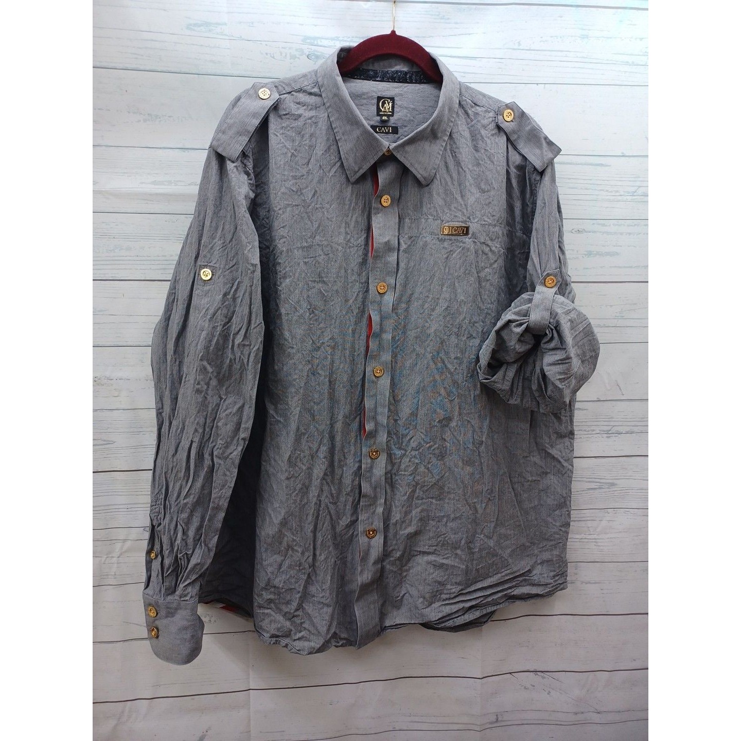 Cavi 4xl Button Military Style Shirt Roll Tab Long Sleeve Gray Gold Buttons